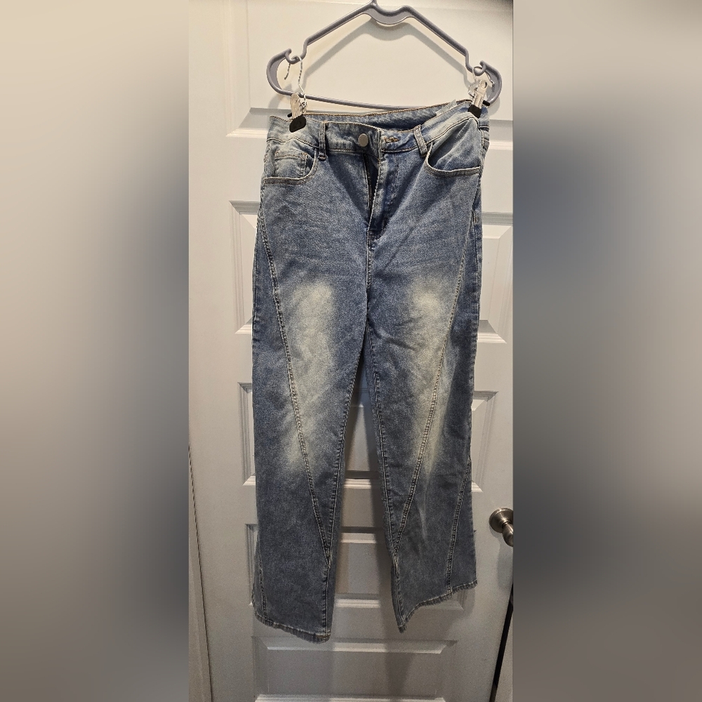 Blue and White Straight Leg Jeans with Distressed Details